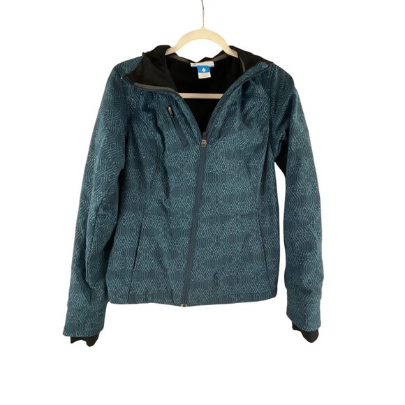 Columbia Women's M Teal Patterned Weatherproof Jacket Hooded Asymmetrical Zip - Picture 8 of 10